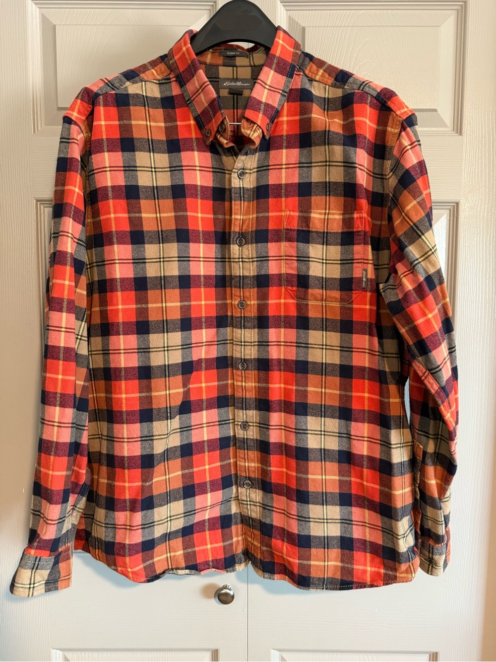 Eddie Bauer Red Orange Navy Plaid Button-Down Shirt